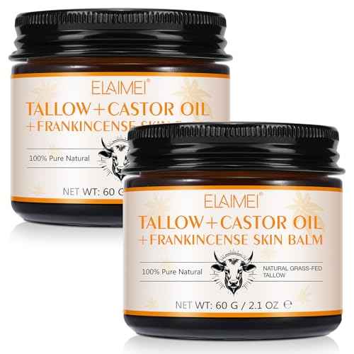 2Pack Tallow, Castor Oil and Frankincense Oil Skin Balm, 100% Grass-Fed Tallow for Face & Body Moisturizer, Deep Moisturizing Cream, Moisturizer for Dry, Cracked Skin, All Skin Types