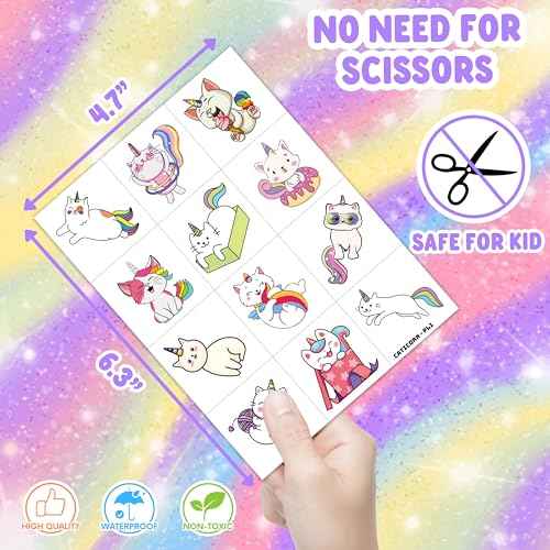 96 PCS Caticorn Cat Pre-Cut Temporary Tattoos Themed Birthday Party Supplies Decorations Favors Decor Funny Cute Cartoon Rainbow Meowgical Tattoo Stickers Gifts For Boys Girls Classroom