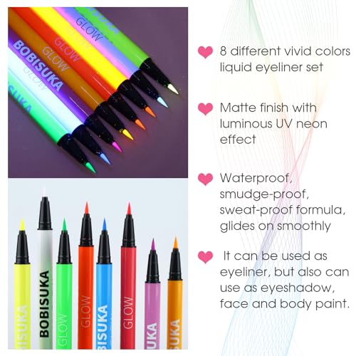 UV Neon Eyeliner Set, 8 Colors Waterproof Liquid Liner