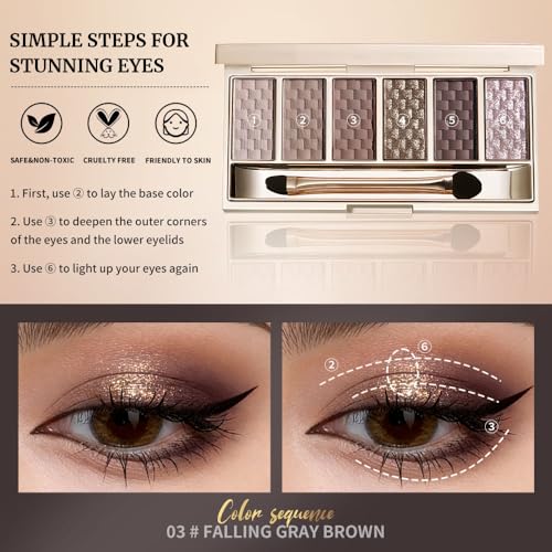 Neutral Gray Brown 6-Color Eyeshadow Palette with Mirror