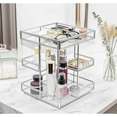 Hersoo 360 Degree Rotation Cosmetic Organizer -Premium Makeup Storage with Spin Base,Antique Countertop Cosmetic Storage,Large Capacity,Beauty Display for Countertop,Vanity or Bathroom (silver)