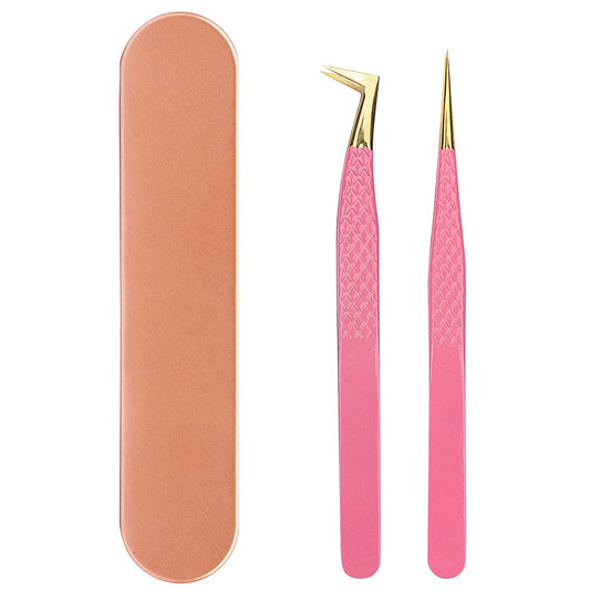 Eyelash Extension Tweezer Sets of 2 PCS Stainless Steel Tools Straight Curved & 90 Degree Angled Tip, Volume Tweezers Precision With Tweezer Case (gold)