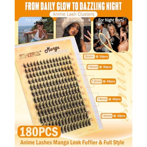 JIMIRE Natural Lash Clusters Kit Lash Extension Kit with Lash Bond and Seal 180Pcs Anime Eyelash Clusters D-Curly Wispy Manga Lash Clusters 8-16MM Cluster Eyelash Extensions Kit Individual Lashes Pack