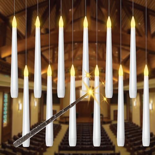 GNSTOP 20 Pcs Floating Candles with Wand Enchanting Hanging Decorations, Flickering Warm Light, Battery Operated Flameless LED Remote-Controlled for Christmas Tree Decor Gift.