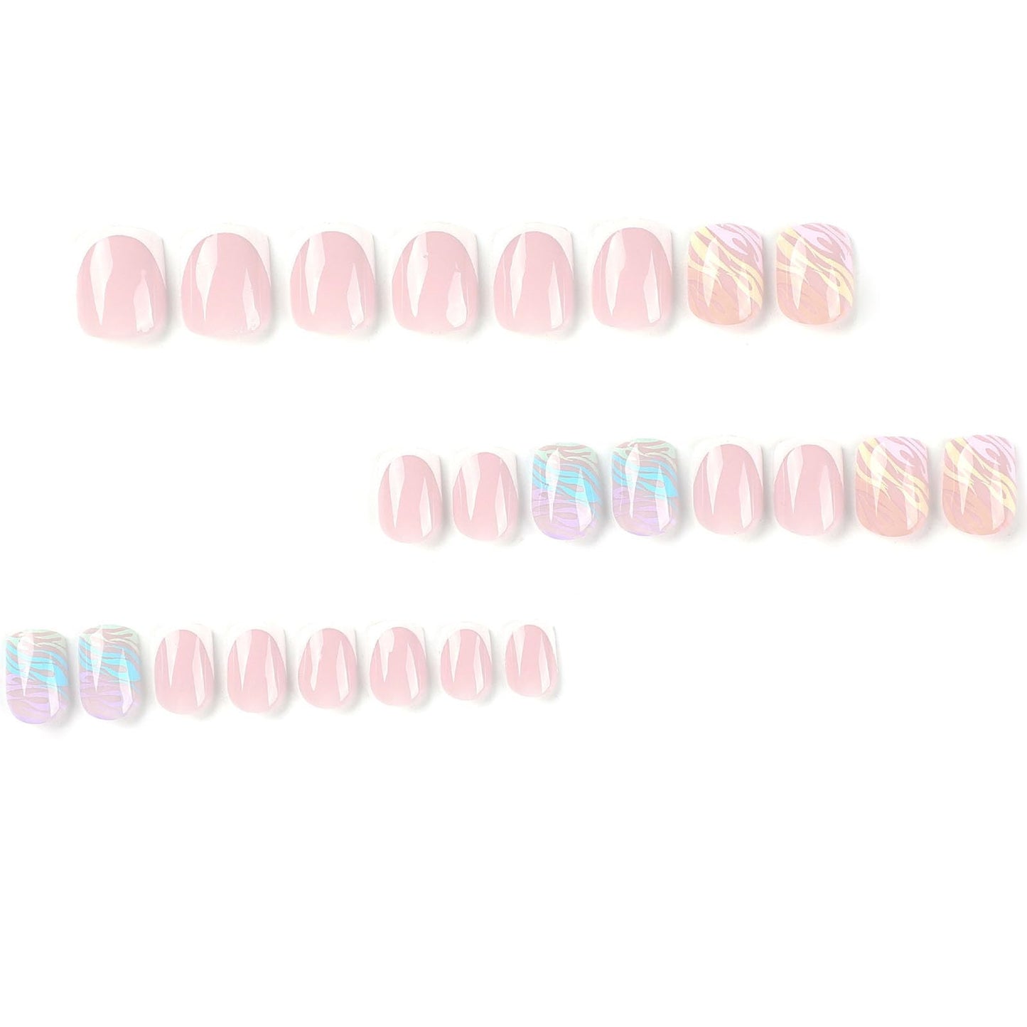 Press on Nails Short White French Tip Square Fake Nails Rainbow Glossy Glue on Nails Pink Full Cover Artificial Nails Zebra Print Stick on Nails for Women Girl, 24Pcs