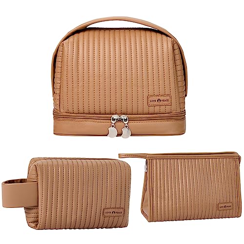 Women's Cute Cosmetic Bags Travel Toiletry Bag Waterproof Leather Cosmetic Bag Set with Handle Zipper Portable Makeup Bags Storage Bag On-the-Go Cosmetic Bag£¨Brown£©
