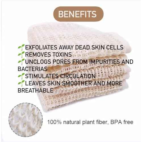 100% Natural Sisal Washcloth. Gentle Exfoliation for Smoother Skin. Durable & Reusable for Face & Body. 100% Biodegradable. Removes Dead Skin Cells + Stimulates Circulation & Energy. (3 Pcs)