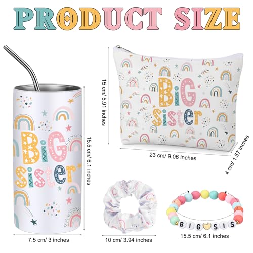 Sieral 4 Pcs Big Sister Gifts for Girls Cute Big Sister Makeup Bag 14oz Stainless Steel Tumbler Scrunchies Bracelet for Little Girls of Age 2-8 New Baby Birthday Baby Shower (Rainbow, Multicolor)