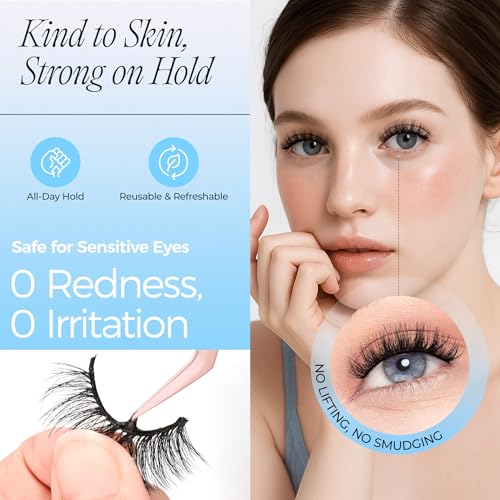 LASHVIEW Self Adhesive Eyelashes 5 Pairs Cat Eye Wispy Self-adhesive False Lashes Reusable Natural Look Press On Lashes No Glue Need Eyelashes with Replacement Adhesive Strips (ZN14)