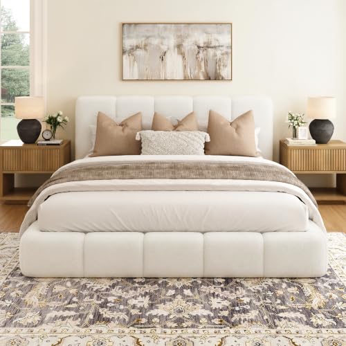 King Cloud Bed Frame with Headboard - Cream Upholstered