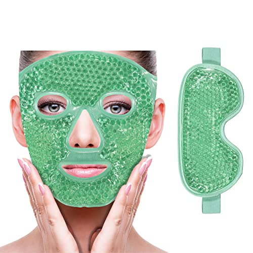 Cooling Ice Face Eye Mask for Reducing Puffiness, Bags Under Eyes,Sinus,Redness,Pain Relief,Dark Circles, Migraine,Hot/Cold Pack with Soft Plush Backing(Green(1* Eye Mask+1*Face Mask))