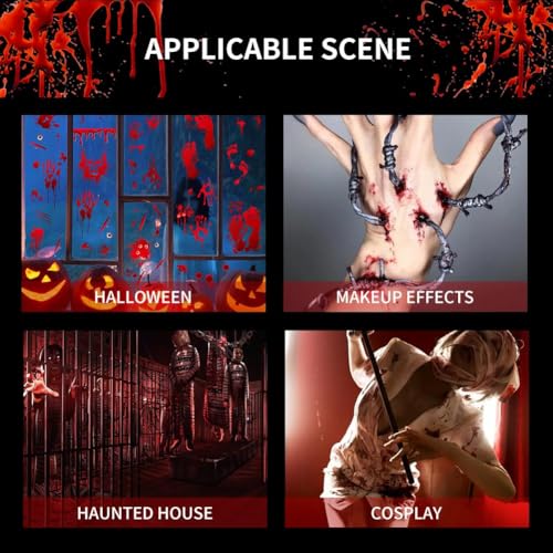 Halloween Fake Blood Makeup Kit, 1.41oz Coagulated +1.76oz Fake Blood Spray +1.76oz Dripping Blood , Realistic Washable Fake Blood Makeup for Zombie Vampire Monster Cosplay & Dress Up