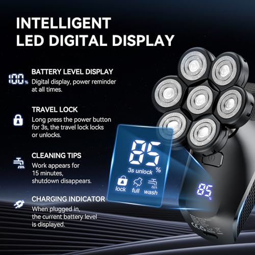 7D Head Shavers for Bald Men - 5 in 1 kensen Electric Head Hair Shaver, Head Electric Razor with Nose Hair & Beard Trimmer Cordless IPX6 Waterproof Wet Dry LED Display Travel Case