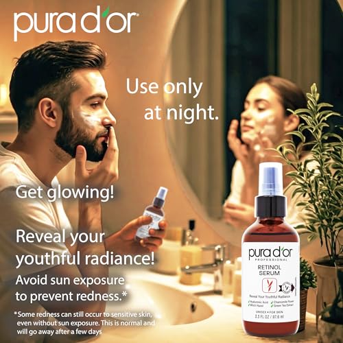 PURA D'OR Retinol Serum Nighttime Facial Skincare ? 3.3 oz Overnight Treatment Featuring Aloe Vera Botanical Extracts, Lightweight Fast-Absorbing Hydration for Smoother-Looking Texture, Tone, Radiance