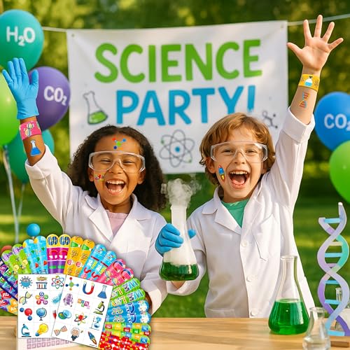 48PCS Science Party Favors - 24PCS Temporary Pre - Cut Tattoos & 24PCS Slap Bracelets - Fun STEM-Themed Birthday Supplies, Baby Shower Gifts, Classroom Rewards & Party Decor for Kids (Boys & Girls)