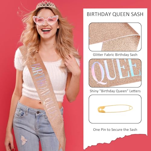 Birthday Queen Sash, Crown & Glasses Set - Rose Gold Party Decor