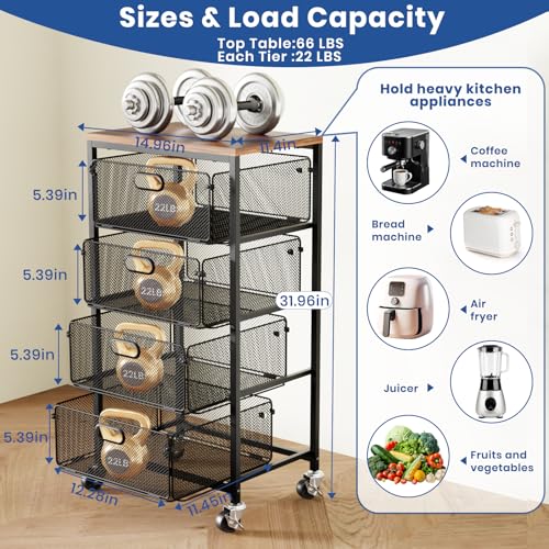 Goovilla 4-Tier Rolling Kitchen Cart with Drawers & Wooden Top