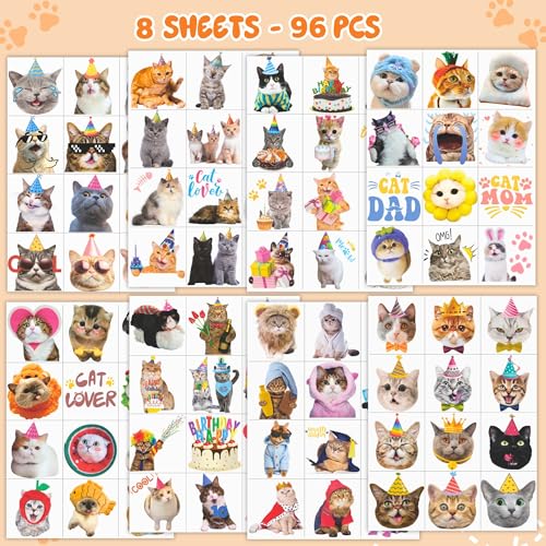 96PCS Cat Individually Wrapped Tattoos, Cat Temporary Tattoos, Animal Stickers Waterproof, Birthday Decorations Party Supplies, Party Favors, School Rewards Gifts Ideas for Girls Boys