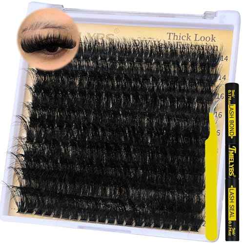 Thick Lash Clusters Kit 14-20mm Volume Cluster Eyelash Extensions D Curly 200D Individual Lashes 200Pcs Wispy Eyelashes Clusters Kit with Bond&Seal, Tweezers, Waterproof Soft DIY at Home, by TMIELYBS