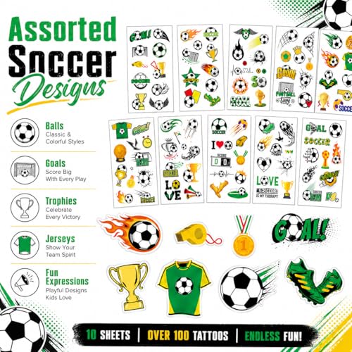 Soccer Temporary Tattoos - 10 Sheets 100+ Designs