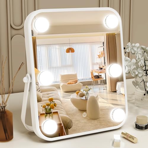 ROLOVE Vanity Mirror with Lights, Hollywood Makeup Mirror with Light, 10"x12" Lighted Desktop Makeup Mirror with 6 Dimmable LED Bulbs, Cosmetic Makeup Mirror with Stand, Smart Touch Control
