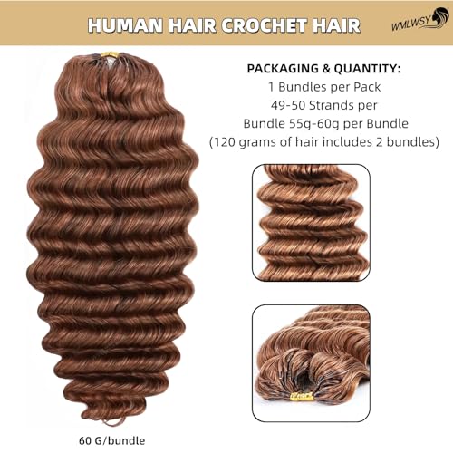 #30 Auburn Ginger Deep Wave Crochet Hair Extensions - 20 Inch, 120g, Knotless Human Hair for Black Women - WMLWSY
