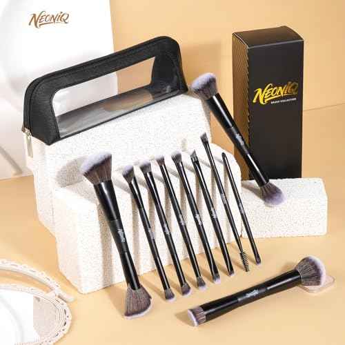 10 PCS Foundation Contour Conceal Brush Set With Bag, Makeup Brushes, Double-End Multi-functional Brushes for Foundation Powder Blush Eyeliner Eyeshadows, Professional Face Brush Set£¨Black£©