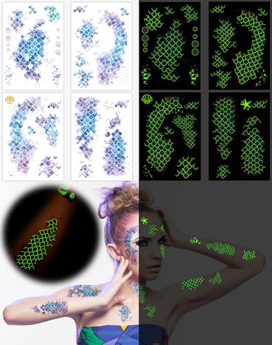 Luminous Mermaid Scale Temporary Tattoos - 16 Sheets Glow in Dark