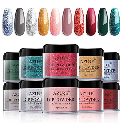 AZUREBEAUTY 10 Colors Dip Powder Nail Starter Kit Green Glitter Dipping Powder Christmas Colors System Essential Kit with Base Top Activator Coat
