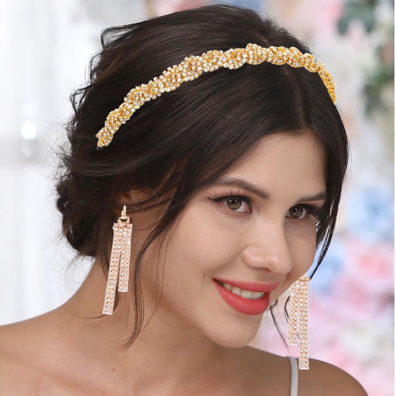 Barode Braided Rhinestones Headband Earrings Gold Crystal Hairbands Eardrop Sparkle Head Chain Tassel Jewelry Set for Women (White, Free Size)