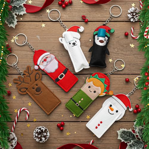 Cunno 18 Pcs Christmas Lipstick Holder Keychains Gifts Reindeer Snowman Elk Penguin Sleeve Christmas Felt Holder Keychains Santa Handmade Lip Balm Lipstick Sleeve for Girls Women