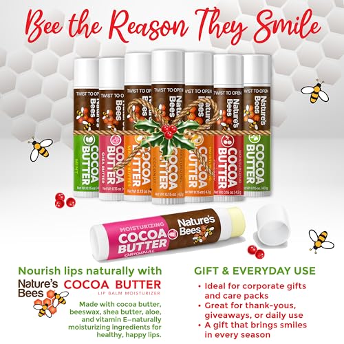 Nature's Bees, Cocoa Butter Flavored Lip Balm Tubes Set Bulk Assortment Chap Treatment Moisturizer For Dry Lips, Original Variety Assortment (Shea Butter, Original, Olive Oil, Mango Butter) - 48 Pack