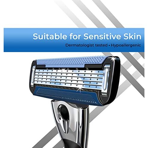 Personna Men's 5 Blade Razor with Bulk Pack of 12 Replacement Razor Cartridges and Shaving Razor Handle (Silver)