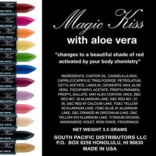 Magic Kiss Pack of 12 Color Changing Aloe Vera Lipstick Set Made in USA (Colors of Aloha 01)