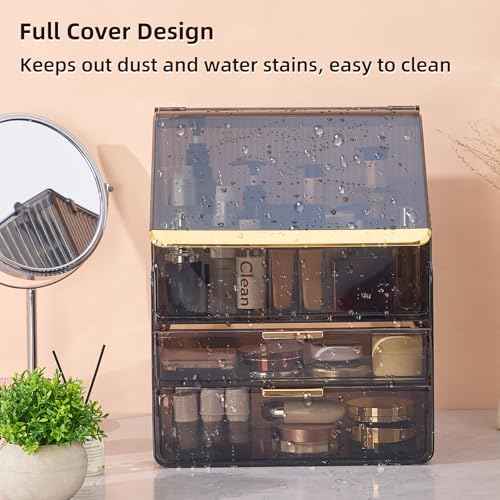 Large Cosmetic Organizer with Lipstick Holder Fully Transparent with Drawers, Dustproof Waterproof Bathroom Counter Storage for Skincare Lipstick Makeup Brushes(Black)