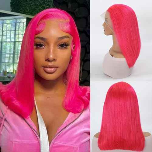 13x4 HD Lace Pink Bob Wigs 100% Human Hair Front Wig Brazilian Unprocessed Virgin Human Hair Wigs Pre Plucked Natural Hairline Transparent Front Lace Bob for Women (8")