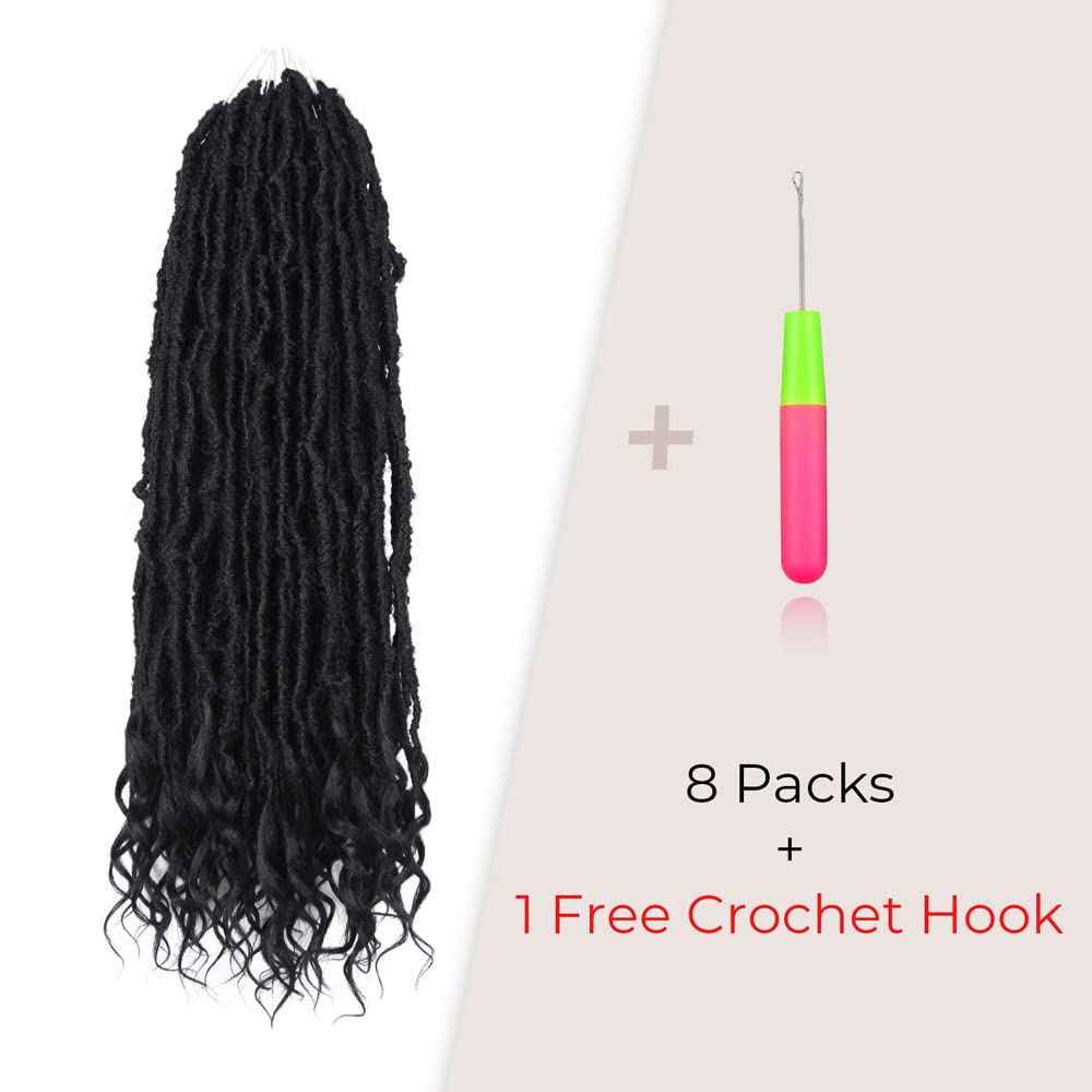 Niseyo Wild Locs 24 Inch Distressed New Faux Locs with Curly Ends 8 Packs Long Soft Pre-looped Goddess Crochet Hair (2#, Off Black)