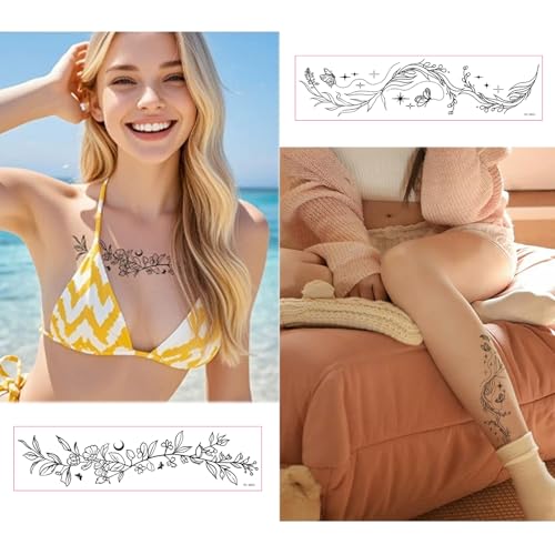 Floral Temporary Tattoos Long Black Butterfly Wild Flower Waterproof Fake Tattoos 10 Sheets Body Art Stickers for Women(Black flowers-10A)