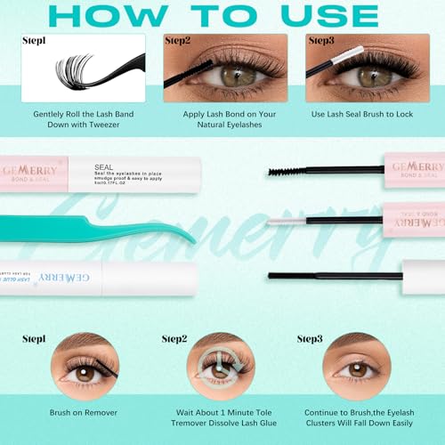 GEMERRY Lash Clusters DIY Lash Extension Kit 30D+40D+50D D Curvature Individual Lashes Eyelash Extension Kit 280 pcs Thin Band Cluster Lash Bond and Seal Tweezers with Lash Remover