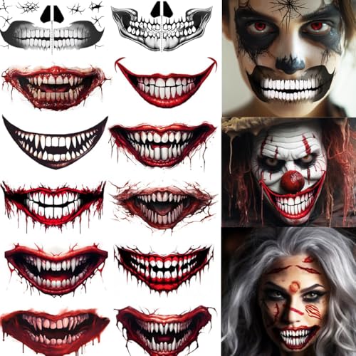 Halloween Temporary Face Tattoos for Adults, Prank Makeup, Scary Big Mouth Tattoo, Clown Tattoos, Zombie Makeup Face Stickers