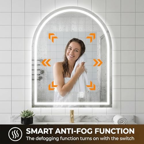 Antok 24x36 Inch Arched Wall-Mounted LED Bathroom Vanity Mirror with Lights, Dimmable & Anti-Fog, White Variation