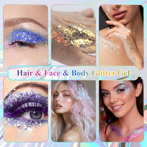 Green Body Glitter Gel, St Patricks Day Hair Face Glitter for Kids & Women, Chunky Mermaid Sequins, Easy Apply & Quick Drying, Face Sparkles Fairy Makeup, Singer Concert Festival & Rave Accessories