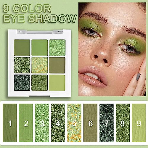 Green Eyeshadow Palette 9 Colors - Matte Shimmer Glitter
