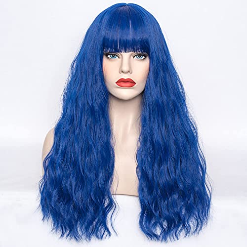 WGPFWIG Women's Blue Wig 22''Long Curly Wavy Wig Shoulder Length Flat Bangs Wig For Women Girl Cosplay Party Halloween Wig Cap Included (22''Blue)