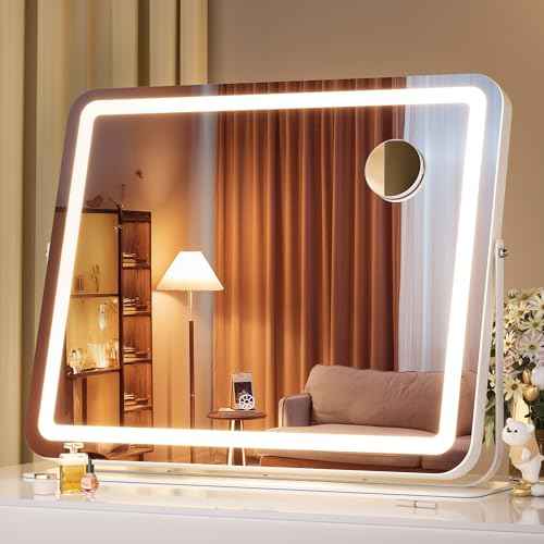 MINISO Vanity Mirror with Lights, 18" x 14" LED Makeup Mirror, Light & Brightness Adjustment, Smart Sensor, 360¡ÆRotation, Aluminum Alloy Metal White Frame, with 10X Magnifying Glass