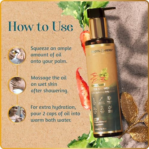 Carrot Seeds After Shower Body Oil - Hydrating Body Oil for Dry Skin with Ayurvedic Herbs, Sweet Almond, Apricot, Pomegranate Essential Oils - Body Moisturizer for Women & Men - Roots & Herbs, 6.76oz