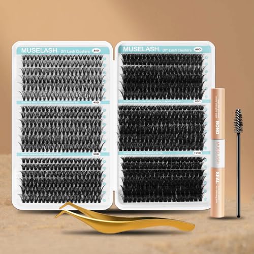 MUSELASH DIY Lash Clusters Kit 708 PCS ? Mixed 30D?100D C Curl Volume Lashes 8?16mm, Wide Band Individual Lash Extensions with Bond & Seal, Tweezers & Brush, At-Home Salon Lash Extension Set