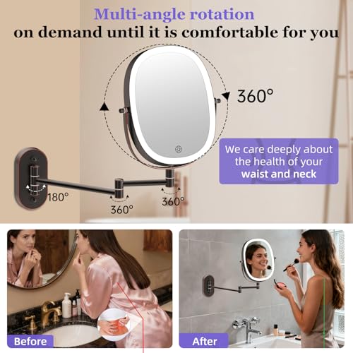 FUNTOUCH 30X/1X Wall Mounted Lighted Makeup Mirror, 5000mAh Rechargeable Double Sided Magnifying Bathroom Mirror, 3 Color Modes Touch Dimmable Extended Arm 360 Rotation, Antique Bronze