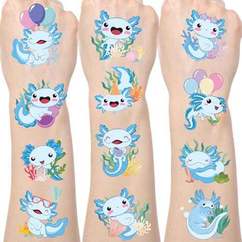 Blue Axolotl Temporary Tattoos - 200+ Axolotl Birthday Decorations Blue Axolotl Party Favors Supplies Decor Cute Blue Axolotl Tattoo Temporary Prizes Rewards Axolotl Gifts for Kids Adults