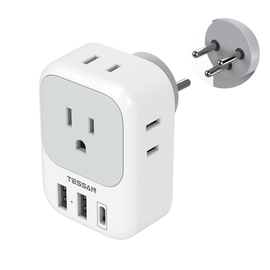 TESSAN Israel Power Adapter, US to Israel Plug Adapter with 4 American Outlets 3 USB Charger (1 USB C Port), Type H Travel Adaptor for USA to Israel Palestine Jerusalem